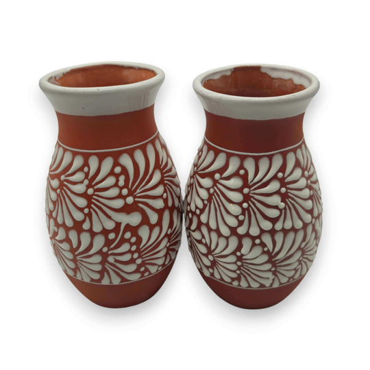 Terracotta Talavera Vase | Mexican Hand-Painted Pot - pair of terracotta vases with white floral Talavera motifs, handcrafted in Guanajuato