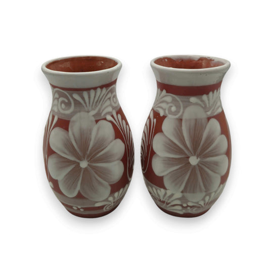 Terracotta Talavera Vase | Mexican Hand-Painted Pot - pair of hand-painted terracotta vases with white floral Talavera motifs