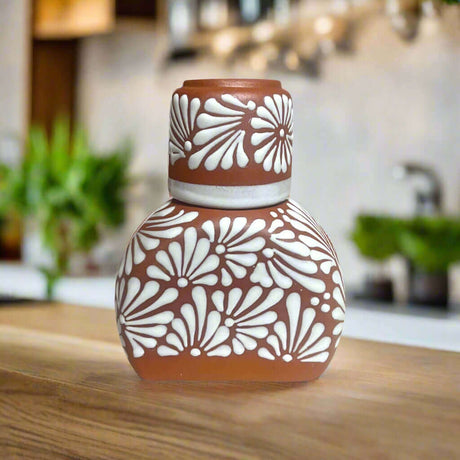 Terracotta Water Carafe Set | Hand-Painted Talavera-Style Bedside Decanter - hand-painted white floral terracotta bedside decanter, kiln-fired lead-free glaze