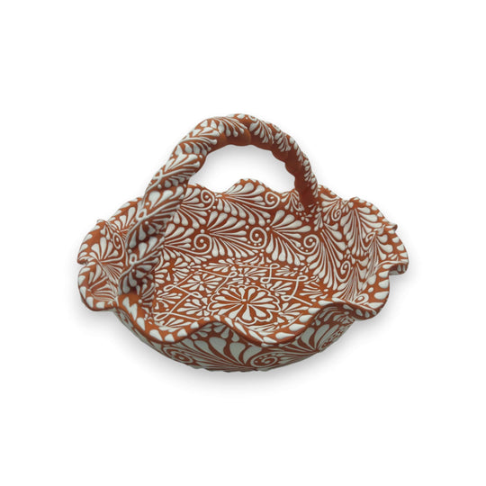 Terracotta & White Talavera Basket | Handcrafted Ceramic Bowl - handcrafted terracotta bowl with white floral patterns and twisted handle