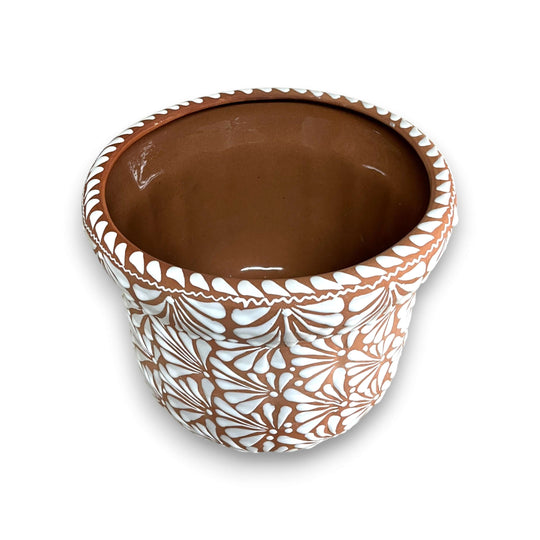 Terracotta & White Talavera Planter | Handcrafted Pottery Art - hand-painted terracotta pot with white floral fan motifs, raised rim, kiln-fired glaze