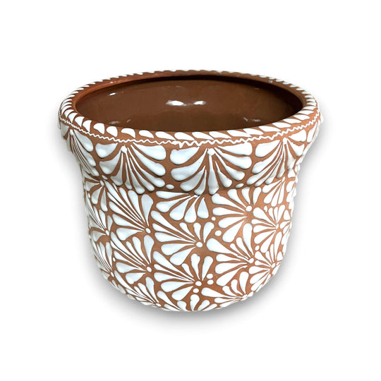 Terracotta & White Talavera Planter | Handcrafted Pottery Art - hand-painted terracotta pot with white floral fan motifs, raised rim, rustic Guanajuato craftsmanship