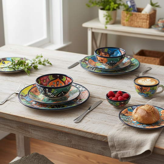 The Talavera Hub 43-piece dinnerware set with vibrant floral patterns in blue, orange, green, and yellow. Hand-painted ceramic.