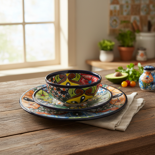 The Talavera Hub 43-piece Talavera dinnerware set with vibrant floral patterns and a blue rim. Hand-painted ceramic tableware for 8.