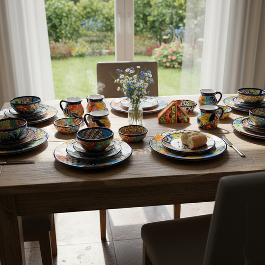 The Talavera Hub 43-piece Talavera dinnerware set with vibrant floral patterns, including plates, bowls, and mugs.