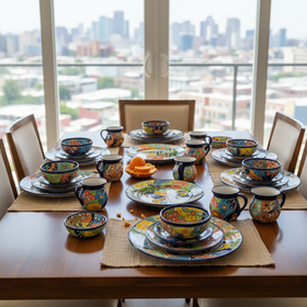 The Talavera Hub 51-piece Talavera dinnerware set with vibrant floral patterns and hand-painted details. Includes plates, bowls, mugs, and a napkin holder.
