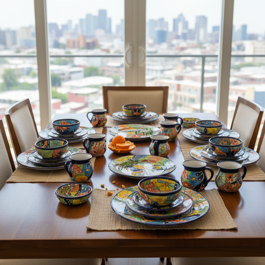 The Talavera Hub 51-piece Talavera dinnerware set with vibrant floral patterns and hand-painted details. Includes plates, bowls, mugs, and a napkin holder.