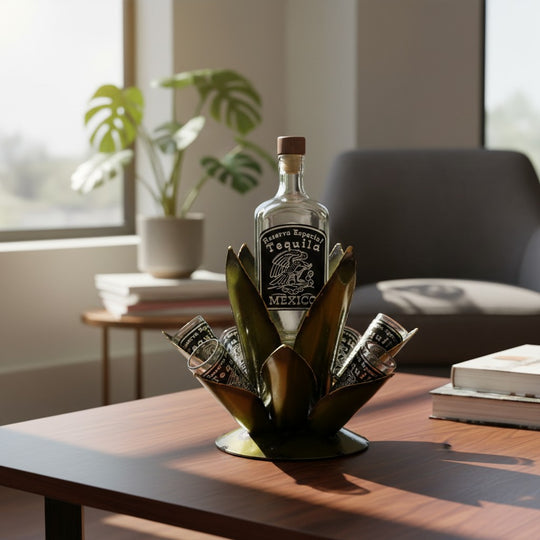 The Talavera Hub Mexican Tequila Decanter Set with 6 shot glasses, shaped like an agave plant, made of metal with green finish.