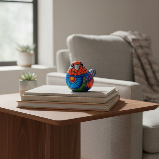 The Talavera Hub handcrafted ceramic Alebrije bird figurine with vibrant hand-painted Mexican folk art patterns.