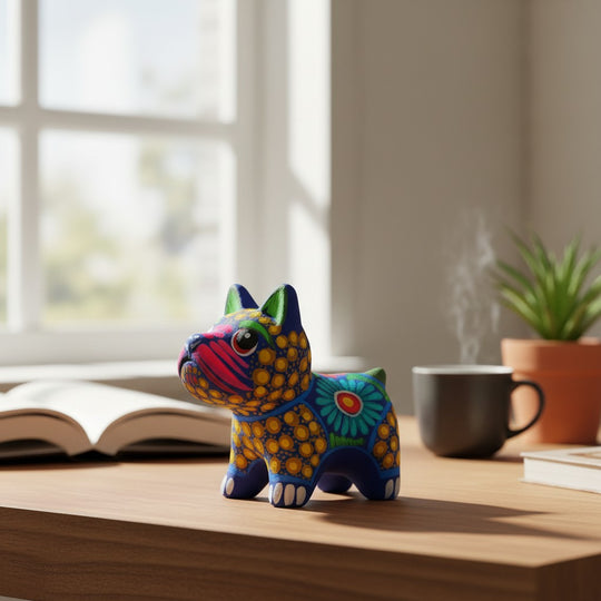 The Talavera Hub handcrafted ceramic bulldog figurine with vibrant hand-painted floral patterns on a wooden desk.
