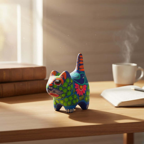 The Talavera Hub hand-painted ceramic cat figurine with vibrant Mexican folk-art patterns on a wooden desk.