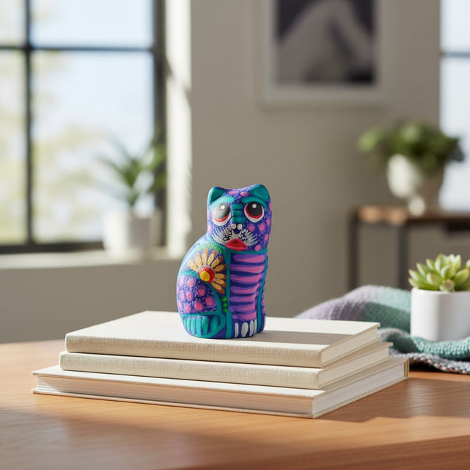 The Talavera Hub hand-painted ceramic Alebrije cat figurine with vibrant floral patterns on a stack of books.