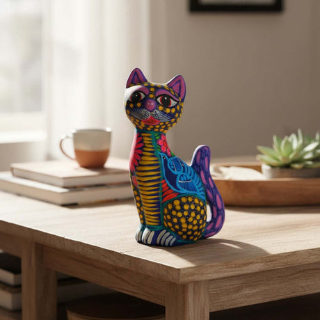 The Talavera Hub hand-painted ceramic sitting cat statue with vibrant Mexican folk-art patterns on a wooden table.