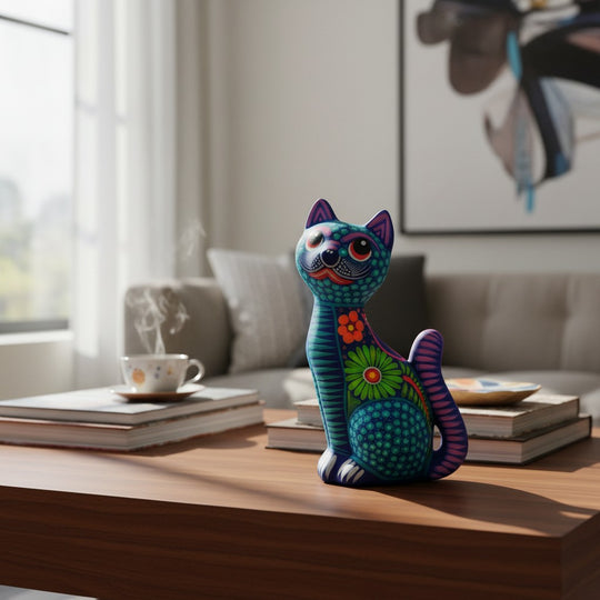 The Talavera Hub hand-painted ceramic Alebrije sitting cat statue with vibrant Mexican folk-art patterns on a table.