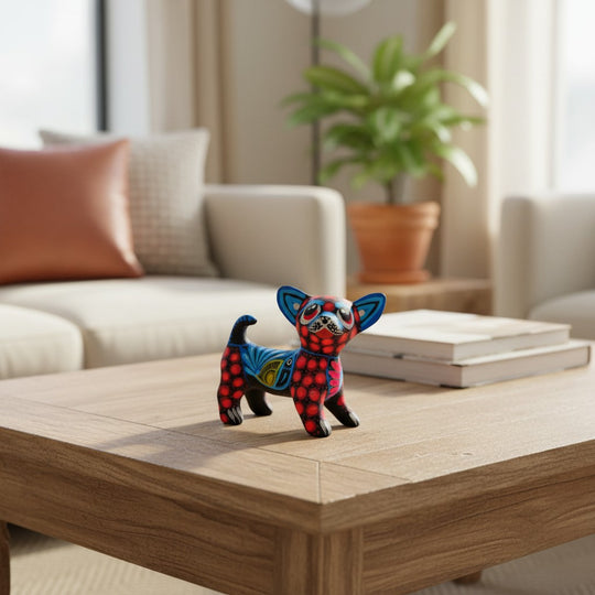 The Talavera Hub handmade ceramic Chihuahua figurine with vibrant red and blue Mexican folk art patterns on a table.