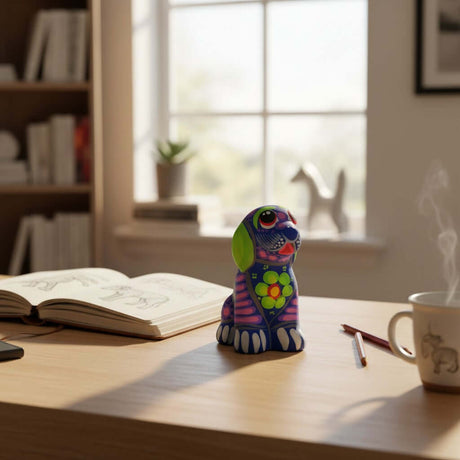 The Talavera Hub hand-painted ceramic Alebrije dog figurine with vibrant blue, green, and purple Mexican folk art patterns.