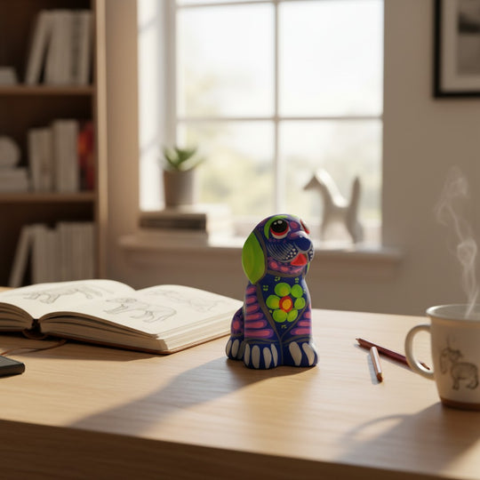 The Talavera Hub hand-painted ceramic Alebrije dog figurine with vibrant blue, green, and purple Mexican folk art patterns.