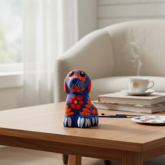 The Talavera Hub hand-painted ceramic Alebrije dog figurine with vibrant blue, orange, and red folk art patterns.