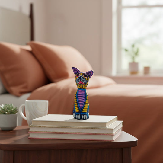 The Talavera Hub hand-painted ceramic Alebrije sitting dog statue with vibrant Mexican folk art patterns on a book stack