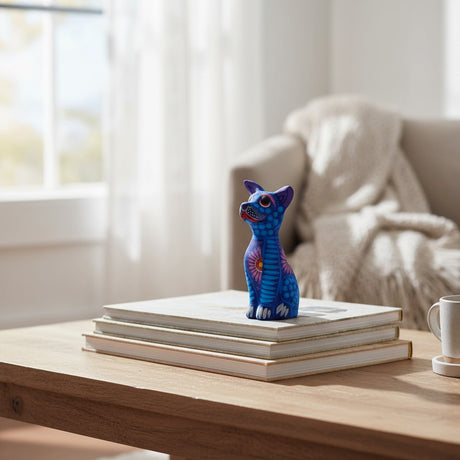 The Talavera Hub hand-painted ceramic Alebrije dog statue in vibrant blue with intricate folk art patterns on a book.