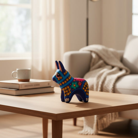 The Talavera Hub hand-painted ceramic donkey figurine with vibrant multicolor folk art patterns on a wooden table.