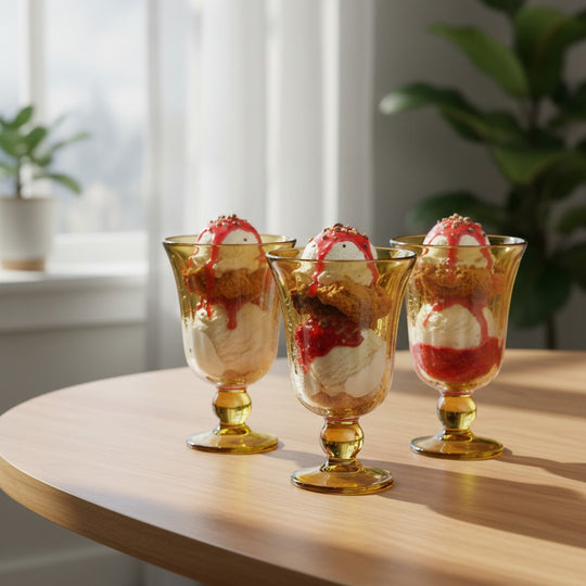 The Talavera Hub hand-blown amber glass sundae glasses with ribbed texture and flared rim, 7" tall.