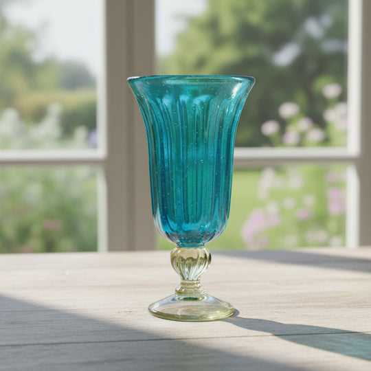 The Talavera Hub hand-blown aqua teal fluted glass sundae dish with a clear base and stem. 7" tall.