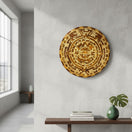 The Talavera Hub handcrafted Mexican Aztec Warrior Calendar, made from 11 types of wood, featuring intricate carvings and a central warrior face.