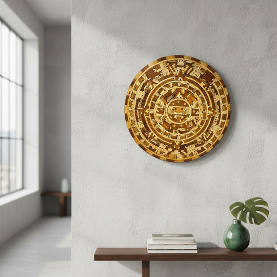 The Talavera Hub handcrafted Mexican Aztec Warrior Calendar, made from 11 types of wood, featuring intricate carvings and a central warrior face.