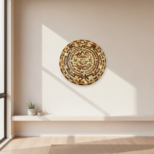 The Talavera Hub handcrafted Mexican Aztec Warrior Calendar, made from 11 types of wood, intricate circular design.