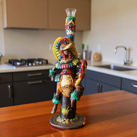 The Talavera Hub handcrafted Aztec warrior decanter, colorful, detailed, cultural artwork, statement piece.
