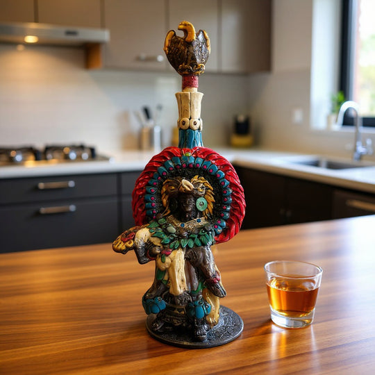 The Talavera Hub handcrafted Aztec warrior decanter with eagle topper, vibrant colors, and intricate details.