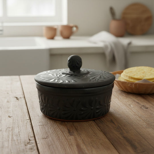 The Talavera Hub black ceramic tortilla keeper with carved floral motifs and a decorative lid knob. Handcrafted in Mexico.