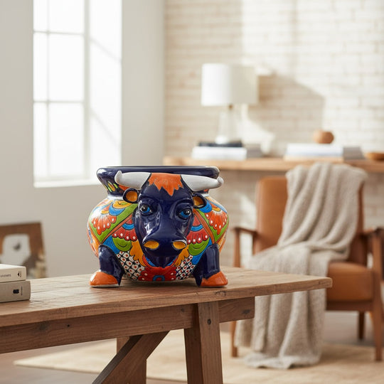 The Talavera Hub's vibrant blue ceramic bull planter with hand-painted floral patterns in orange, green, and red.