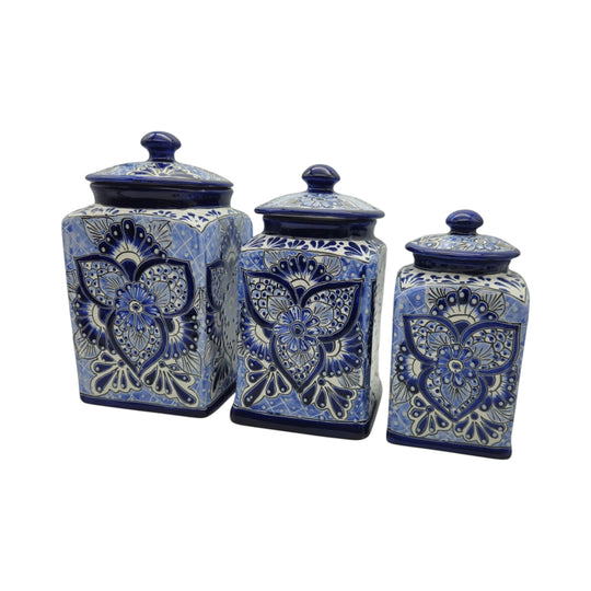 The Talavera Hub handmade blue and white ceramic canister set featuring intricate floral and geometric patterns.