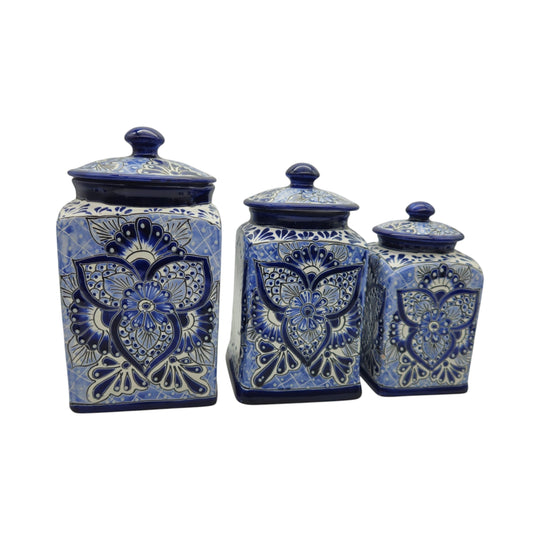The Talavera Hub handmade blue and white ceramic canister set with traditional floral and geometric patterns.