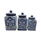 The Talavera Hub handmade blue and white ceramic canister set with traditional floral patterns and cobalt lids.