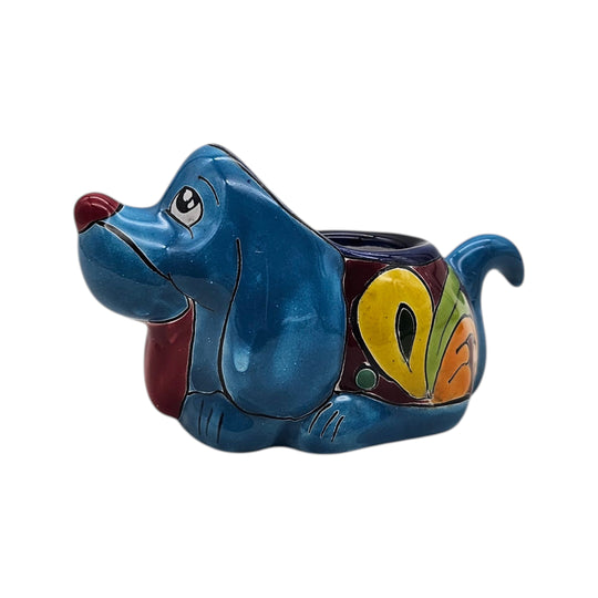 The Talavera Hub small blue dog-shaped Mexican pottery planter with hand-painted floral accents for succulents.