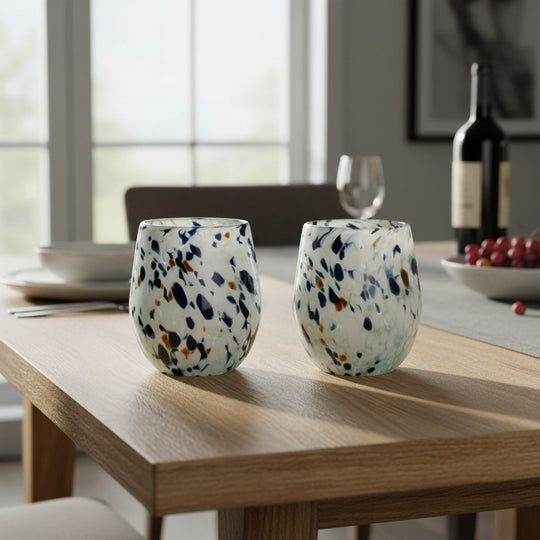 The Talavera Hub hand-blown stemless wine glass with blue, mocha, and white speckles. Holds 12 oz.