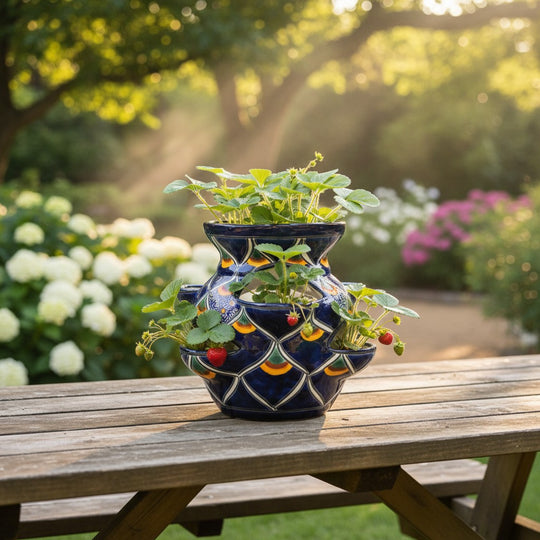 The Talavera Hub blue ceramic strawberry planter with peacock feather design, 10.5" tall.