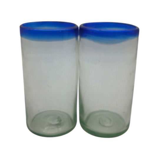The Talavera Hub hand-blown clear glass tumbler with a cobalt blue rim, 18 oz capacity.