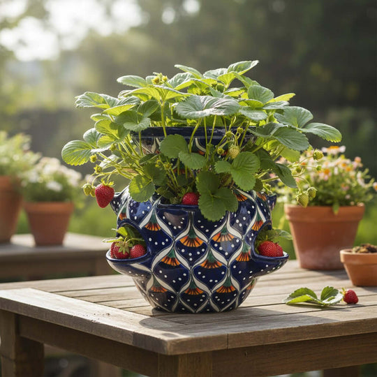 The Talavera Hub blue ceramic strawberry planter with peacock design, 10.5" tall, hand-painted with lead-free glaze.