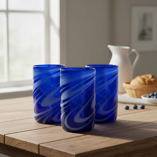 The Talavera Hub handmade blue glass with white swirls, 16 oz, 5.25" tall, 3.25" diameter.