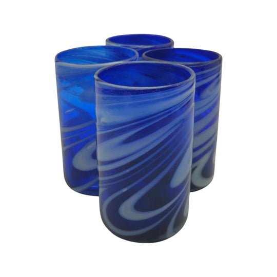 The Talavera Hub handmade blue glass with white swirls, 16 oz, 5.25" tall, 3.25" diameter.