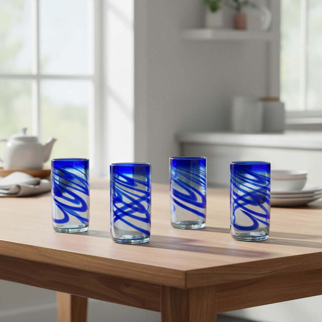 Hand-Blown Mexican Blue Swirl Drinking Glass