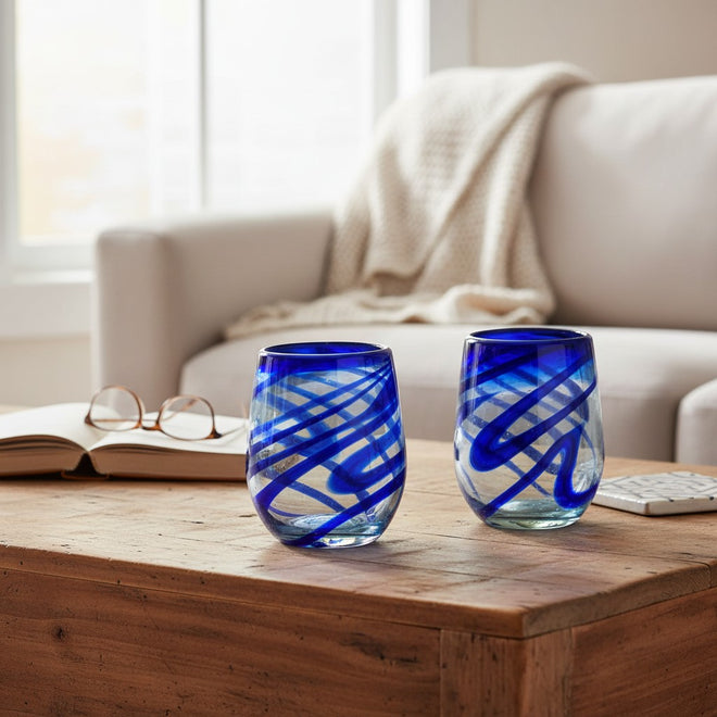 Hand-Blown Blue Swirl Stemless Wine Glass