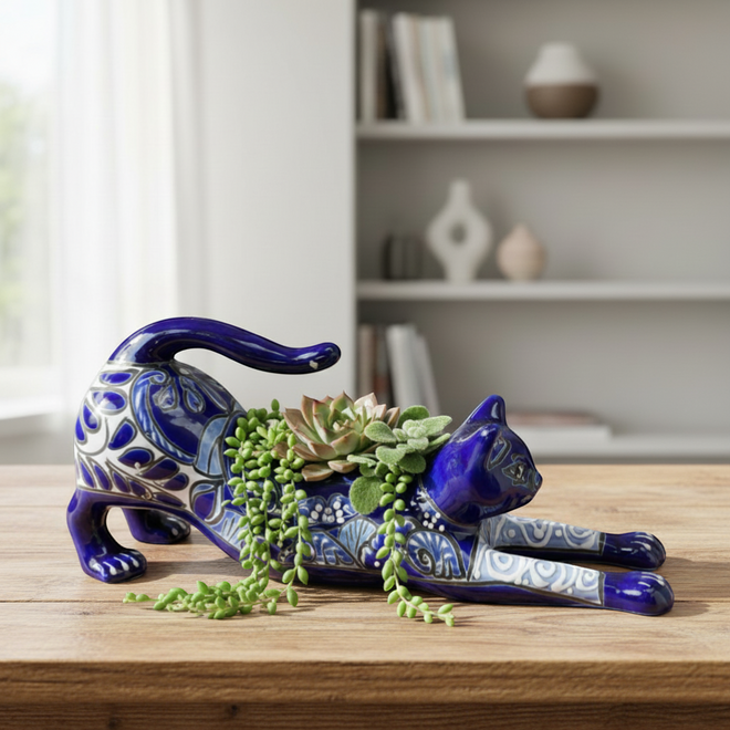 The Talavera Hub hand-painted blue Talavera cat planter with white floral accents, in a stretching pose.