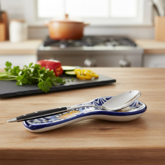 The Talavera Hub blue and white ceramic spoon rest with monarch butterfly motif, holding a spoon and fork.