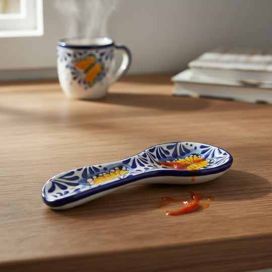 The Talavera Hub blue and white ceramic spoon rest with monarch butterfly motif. Handcrafted Mexican Talavera pottery.