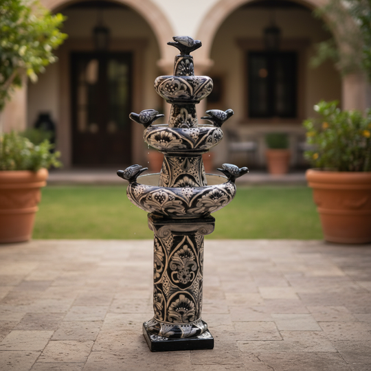 The Talavera Hub blue and white ceramic tiered fountain with bird accents and floral patterns. Handmade in Mexico.